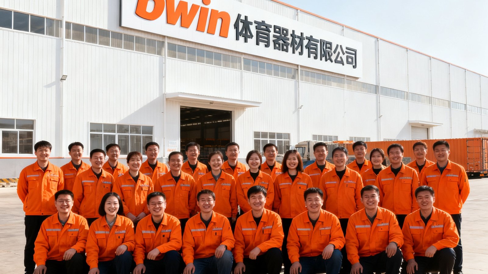 bwin体育器材有限公司全体员工在华北仓储中心前的合影，约200人穿着统一的橙色工服排列成三排，背景是大型物流仓库的白色外墙和公司logo标识牌，阳光灿烂每个人脸上带着自信的微笑，展现出专业团队的凝聚力