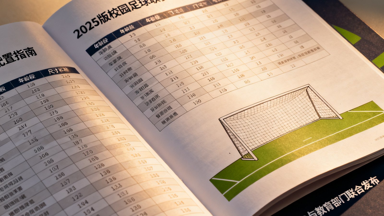 一本翻开的2025版校园足球联赛器材配置指南手册特写，页面上清晰展示着不同年龄段对应的足球尺寸规格表和球门标准示意图，手册封面印有bwin与教育部门联合发布的标识