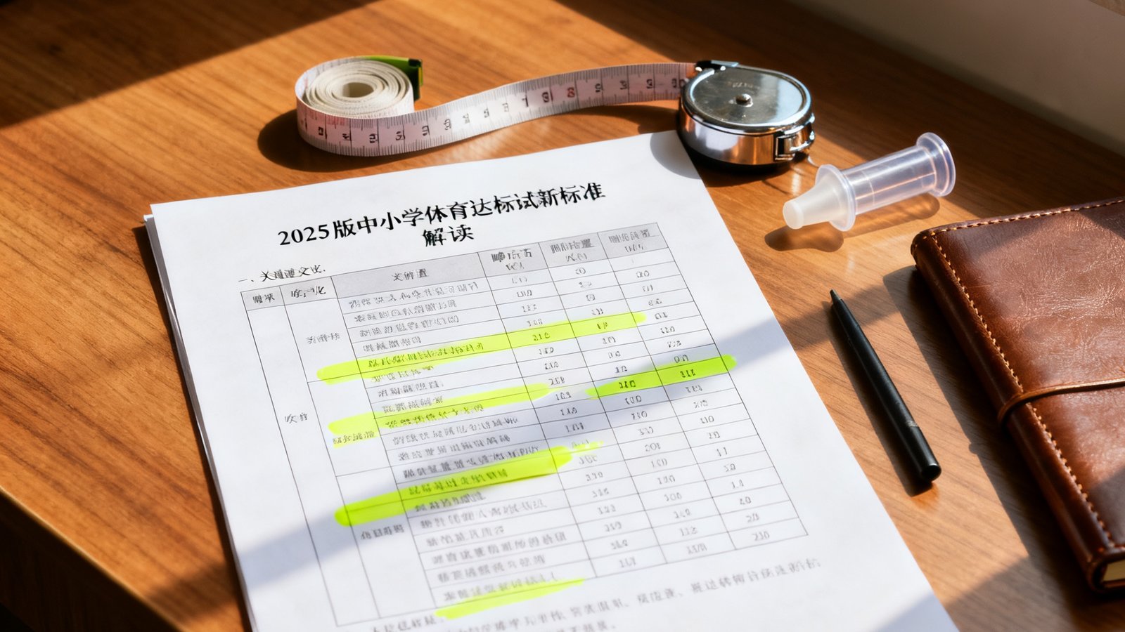一份2025版中小学体育达标测试新标准的解读文件放在木质办公桌上，旁边摆放着卷尺、肺活量测试吹嘴和笔记本，文件上用荧光笔标注了关键变化指标，阳光从窗户斜照进来