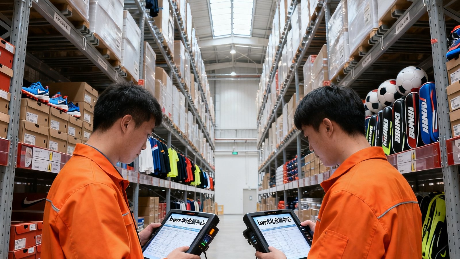 画面展示bwin位于华北的大型体育器材仓储中心内部，高约12米的货架上整齐码放着数百箱品牌运动鞋服与球类器材，两位身穿橙色工作服的员工正在使用扫码设备核对库存清单，阳光透过顶部天窗照亮整个仓库通道